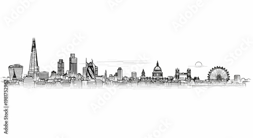 Hand-drawn outline sketch of a city skyline with prominent modern and historic buildings