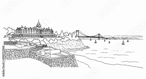 Historic coastal fortification and grand hotel overlook a bay with sailboats and a bridge
