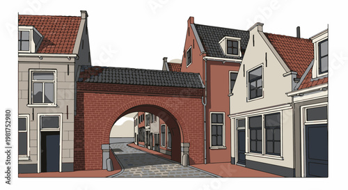 Historic European town with brick archway and cobblestone street