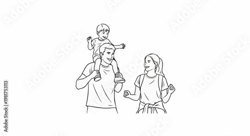 Happy family with child on father's shoulders, smiling and enjoying