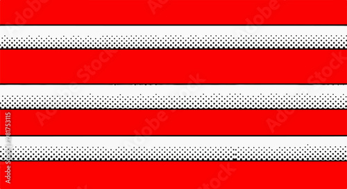 Horizontal bands of vibrant red and white alternate, with textured dots