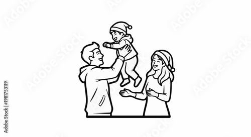 Happy family with baby in Santa hat celebrating holidays