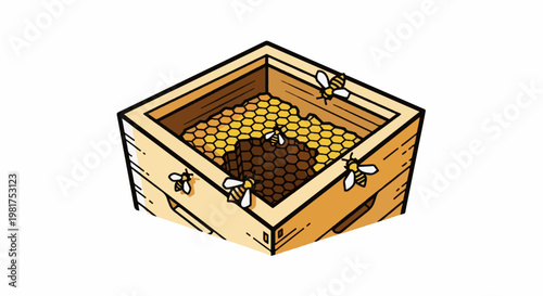 Honeycomb inside a wooden hive with bees