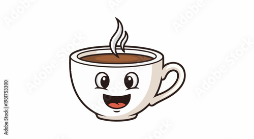 Happy steaming coffee cup with cartoon face, isolated on white