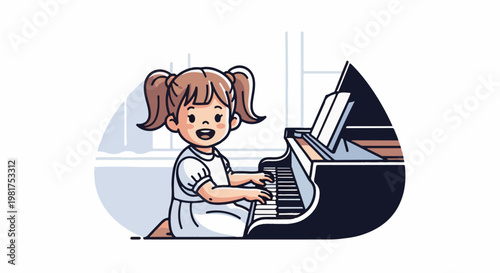 Happy young girl with pigtails plays grand piano indoors