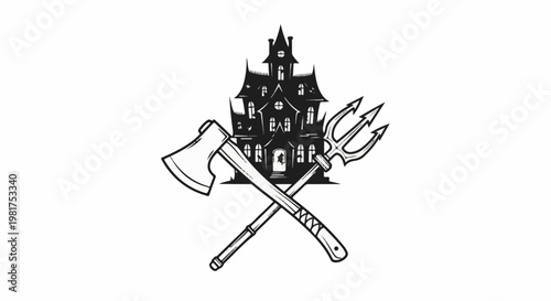 Haunted house silhouette with crossed axe and trident
