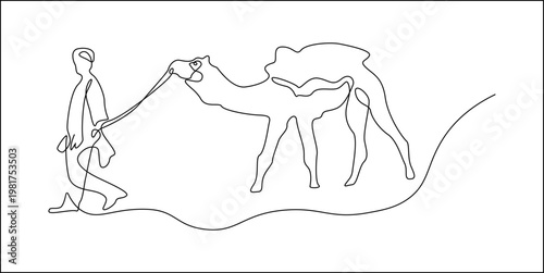 Man walking camel desert continuous line art minimalist travel journey exploration adventure vector illustration