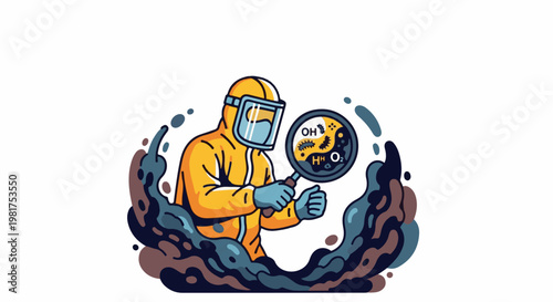 Hazmat suit scientist examines microbes and chemicals under magnifying glass