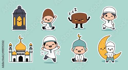 Adorable Cartoon Islamic Characters and Elements for Ramadan Celebration.