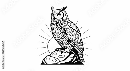 Majestic owl perched on rock with radiating sunburst, black and white graphic