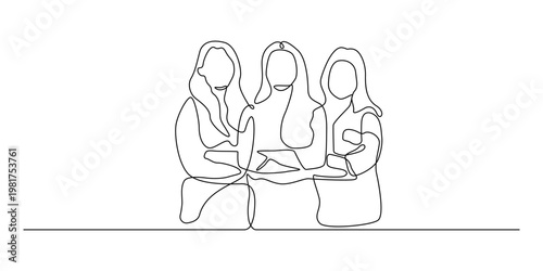 Three professional women continuous line art collaboration diversity minimalist corporate vector illustration