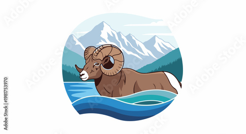 Majestic ram with curled horns stands in water against snowy mountains