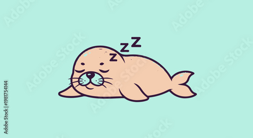 Adorable cartoon seal sleeping peacefully with closed eyes on blue background.