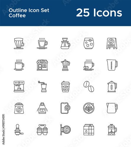 Coffee and cafe outline icon set for coffee shop UI. Beverage, barista, and daily routine line icons