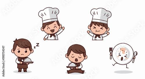 Cute Cartoon Chefs and Waiters with Food Service Elements.