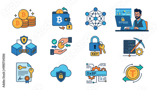 Cryptocurrency and blockchain technology icons.