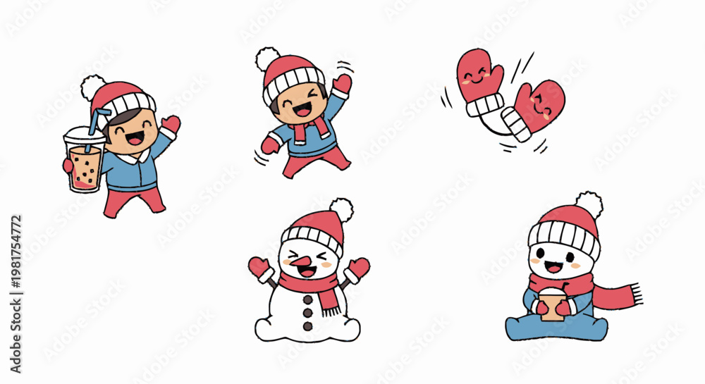 Fototapeta premium Cheerful Cartoon Characters Enjoying Winter Activities with Joyful Expressions.