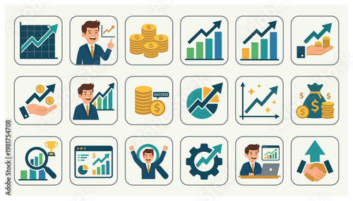 Business icons for finance and growth.