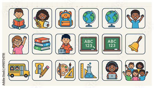 Diverse school icons for kids education.