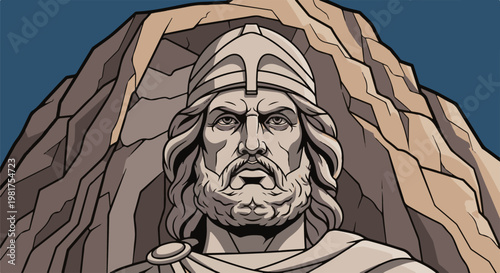 Majestic stone statue of a bearded warrior with a helmet, carved into a rock face