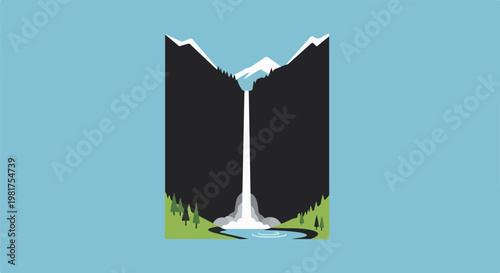Majestic waterfall cascades between dark mountain peaks into a serene pool