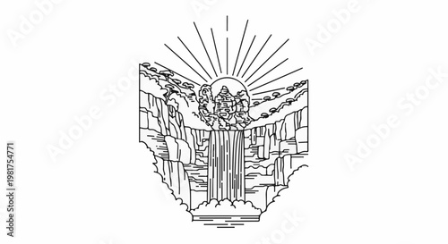 Majestic waterfall cascades down rocky cliffs under a radiating sun