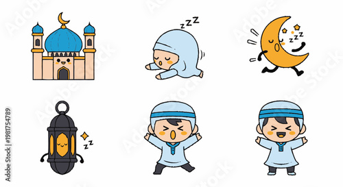 Cute Cartoon Illustrations Depicting Islamic Symbols and Characters.