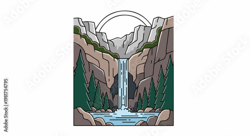 Majestic waterfall cascades down rugged cliffs, framed by evergreen trees