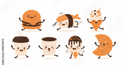 Delightful and Playful Cartoon Food Characters with Happy Expressions.
