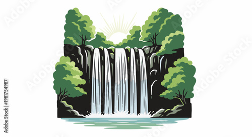 Lush green trees frame a dramatic waterfall cascading into a serene pool under bright sunbeams