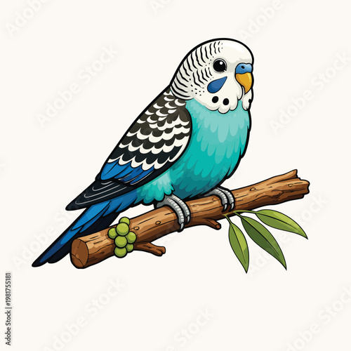 Blue and white budgerigar bird perched on a branch with budgerigar parakeet wildlife illustration ornamental domestic tropical creature