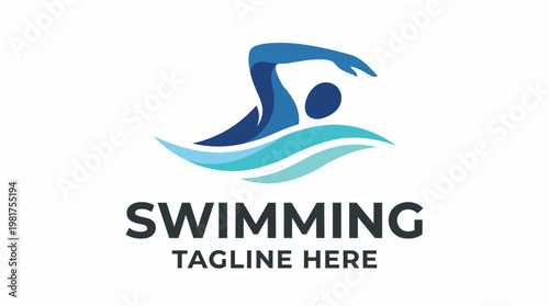 A vibrant swimming logo featuring a swimmer in motion over waves, ideal for promoting athletic activities and water-related brands. Perfect for sports marketing and fitness.