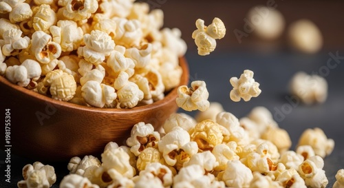 Delicious Popcorn Overflowing from a Wooden Bowl.