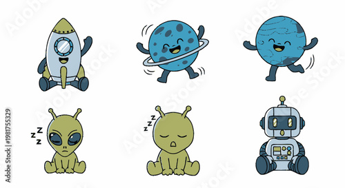 Adorable Cartoon Space Creatures and Characters in a Fun Illustration.