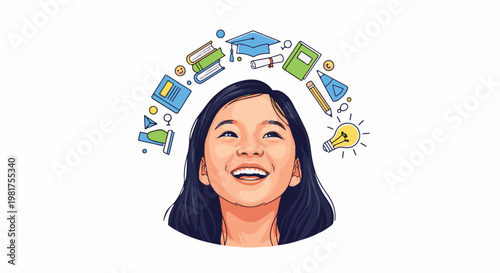 Joyful young girl with educational symbols and a bright idea bulb above