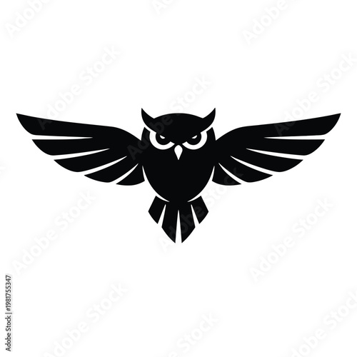 Black owl silhouette with outstretched wings spread wings white background owl logo bird logo animal logo owl illustration silhouette majestic isolated creature minimalist feathers