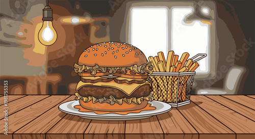 Juicy burger with fries and a warm light in a cozy diner