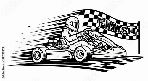 Kart racer speeding towards a checkered finish line, depicted in a dynamic, stylized illustration