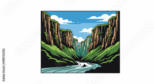 Kayaker navigates a narrow canyon with steep, green-covered cliffs under a cloudy sky