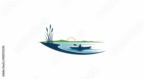 Kayaker on tranquil water at sunrise with reeds and distant hills