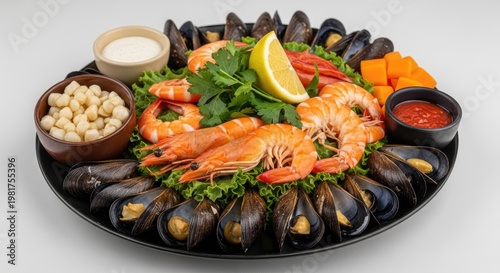 Delicious Seafood Platter with Mussels and Shrimp.
