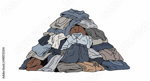 Large pile of folded and unfolded clothes in neutral colors on a white background