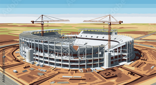 Large stadium structure under construction with cranes on a clear day