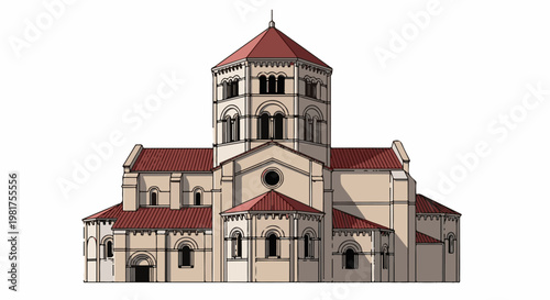 Large stone building with red tiled roofs and a central tower