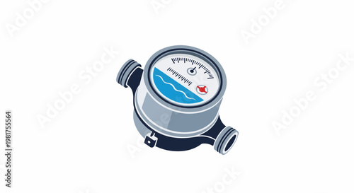 Isometric illustration of a water meter with a dial showing blue liquid flow