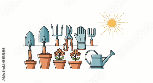 Illustrated garden tools, potted plants, and a watering can under the sun