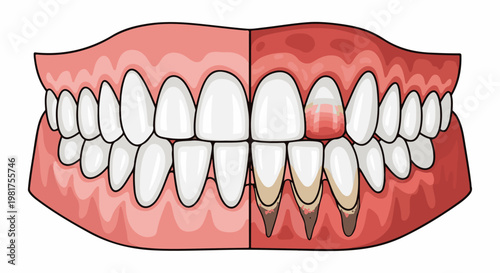 Illustration comparing healthy and diseased gums and teeth
