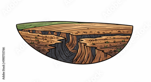 Illustration of a barren, eroded landscape with a deep chasm
