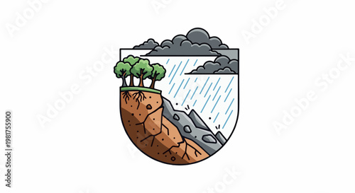 Illustration of a landslide with trees, rain, and stormy clouds