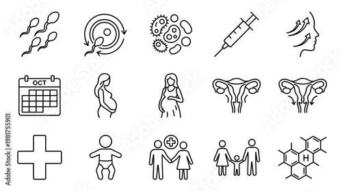 Comprehensive reproductive health icons from conception to family illustrating medical and emotional aspects